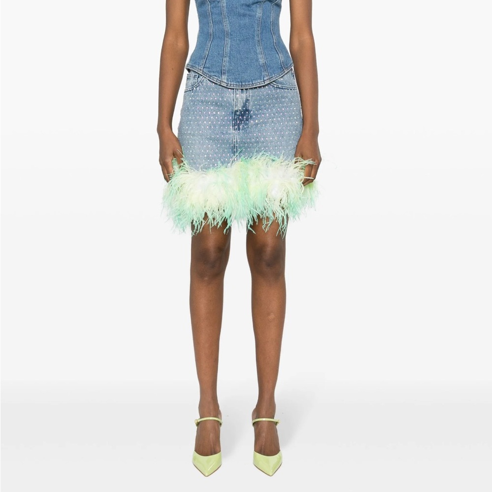 NWT Self-Portrait Blue Denim Skirt with Green Feather Trim